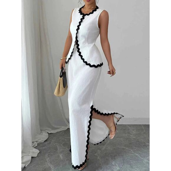 Contrast Scalloped Trim Sleeveless Top and Skirt Set - Picture 4 of 5